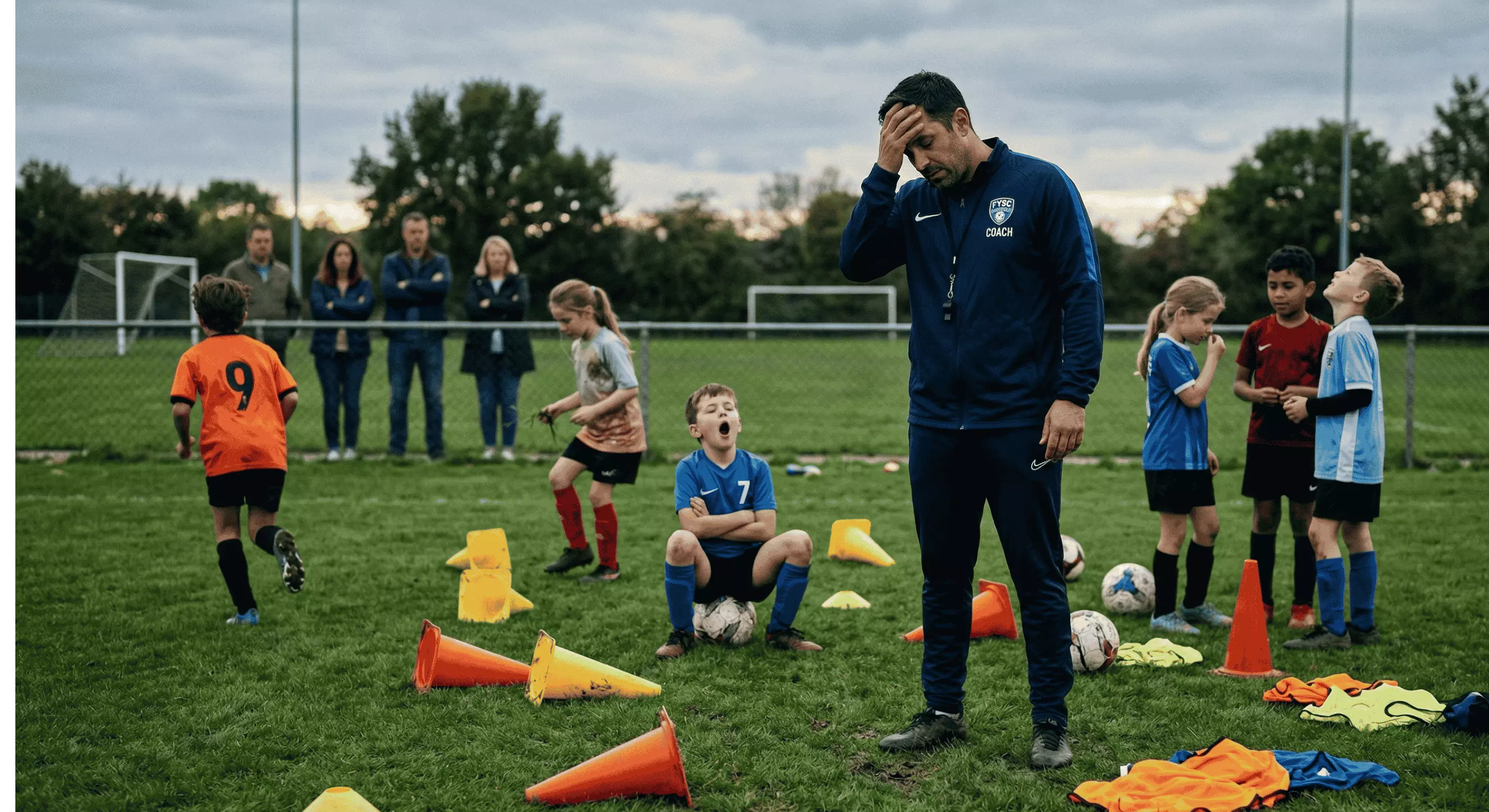 Campo caótico com cones espalhados e treinador frustrado